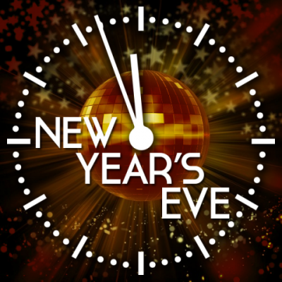 New Year's Eve text and clock on a photographic background of a New Year's Eve ball and starburst pattern