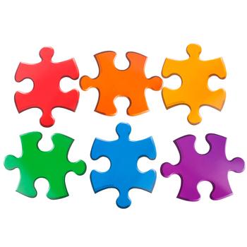 Six colorful puzzle pieces
